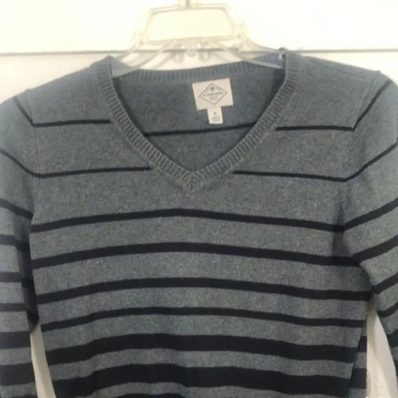 St Johns Bay Sweater V Neck Striped Gray Black‎ Long Sleeve Knit Pullover Top - Picture 2 of 12